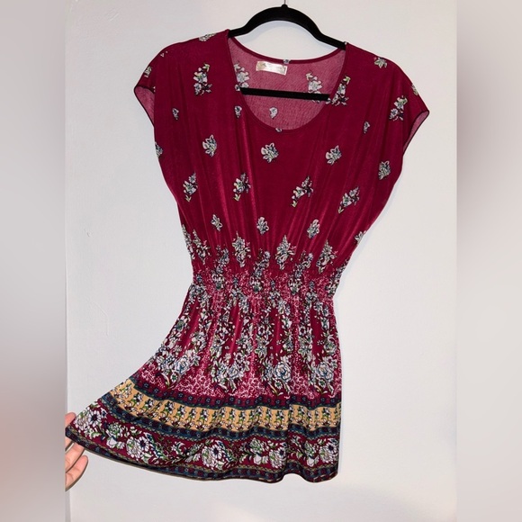 Ace Fashion Tops - Floral Silky Cinched Burgundy Women's Flowy Top